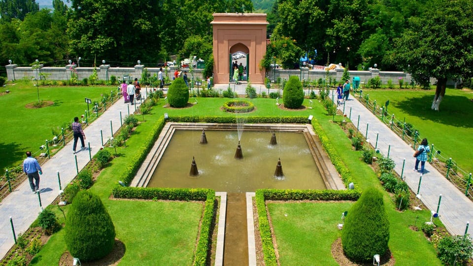 A formal water channel, lawns and garden pavilion at Chashme Shahi in Srinagar.