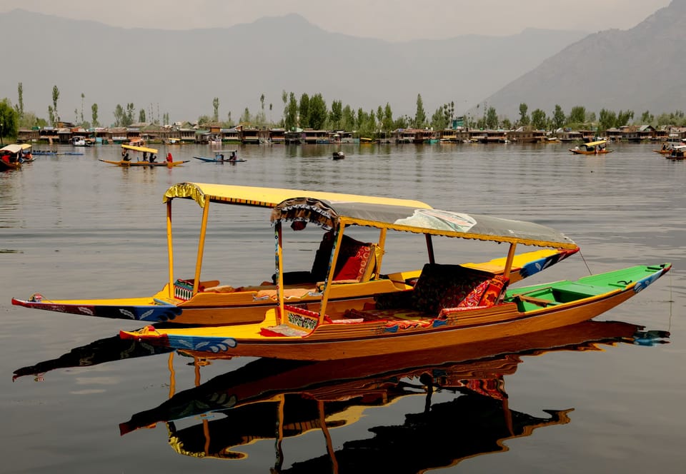 Colourful wooden boats moored on still water at Dal Lake.