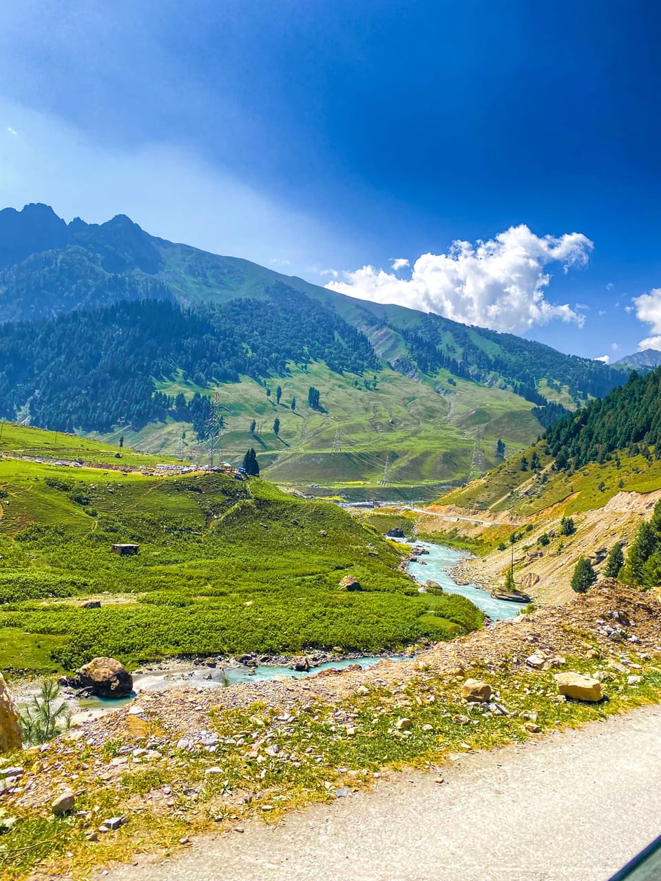 A river winding through a broad mountain landscape in Sonamarg.