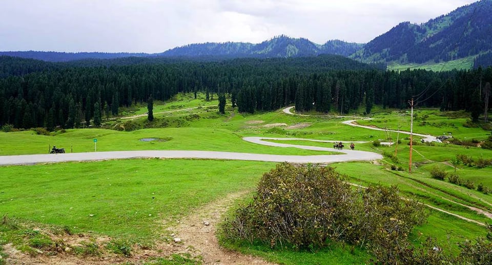 Open grassland and a mountain horizon in Doodhpathri.